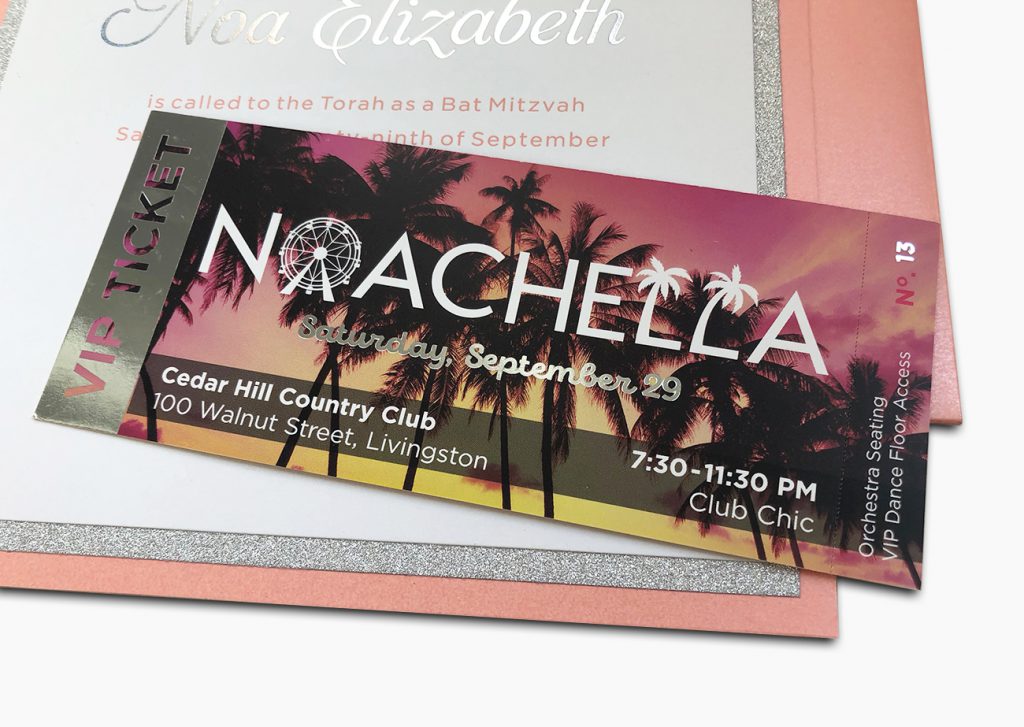 Noachella Custom Invitation | Invitation that looks like a VIP ticket, with Noachella logo against palm-trees-at-sunset photo with silver foil highlights