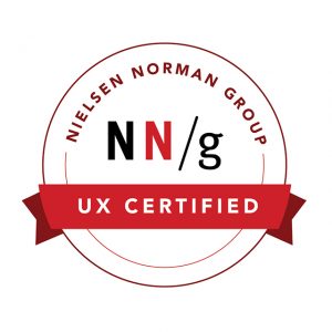 Line art of a white circular seal that says NN/g. Red ribbon draped midway across the circle says UX certified.