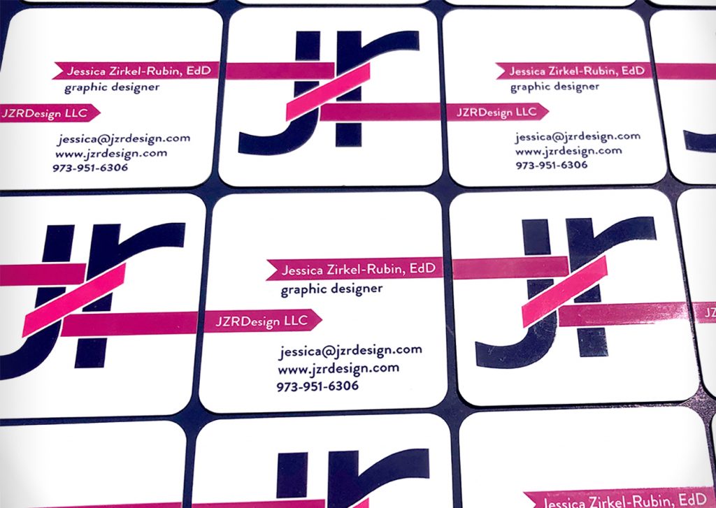JZRDesign Business Card | Several square business cards laid out in a grid pattern, alternating fronts and backs.