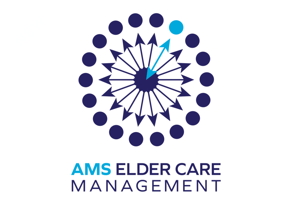 Symbol is a radial pattern of arrows pointing to an outer circle of dots. One arrow in the upper right and one dot are turquise, the rest are navy blue. The words beneath the symbol say AMS Elder Care Managment in all capital letters.