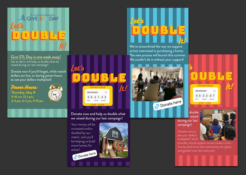 Array of 4 graphics for Instagram stories. Each graphic is a different color, but all are titled "Let's Double It." Some feature countdown timers and/or donation links, text, and photographs.