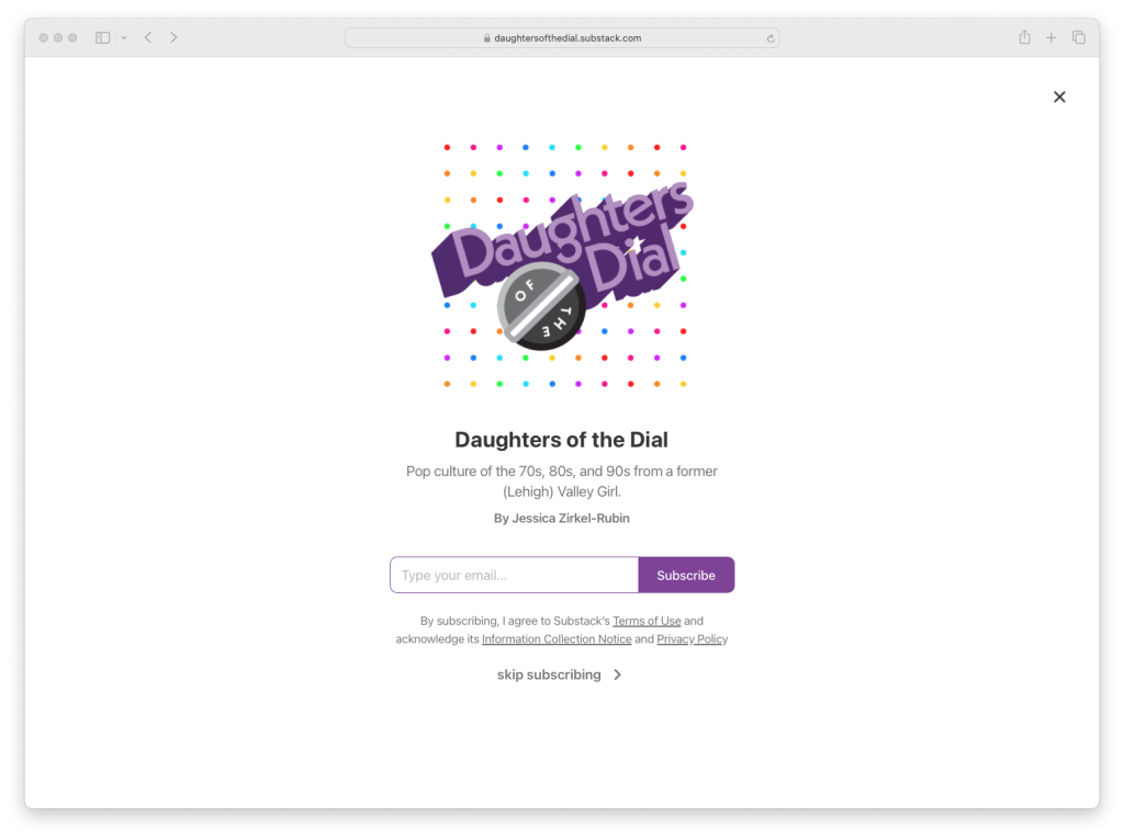 Screen grab of Safari web browser showing Daughters of the Dial Substack welcome page.