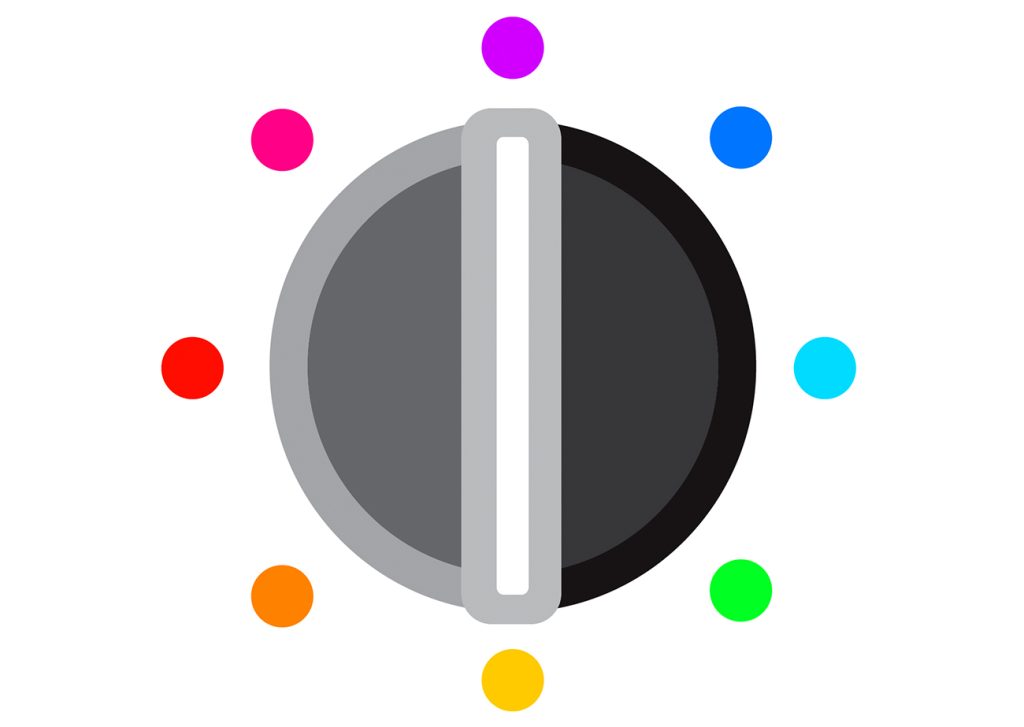 Central, circular tv dial in shades of gray with a rainbow of bright multicolor dots surrounding the perimeter.