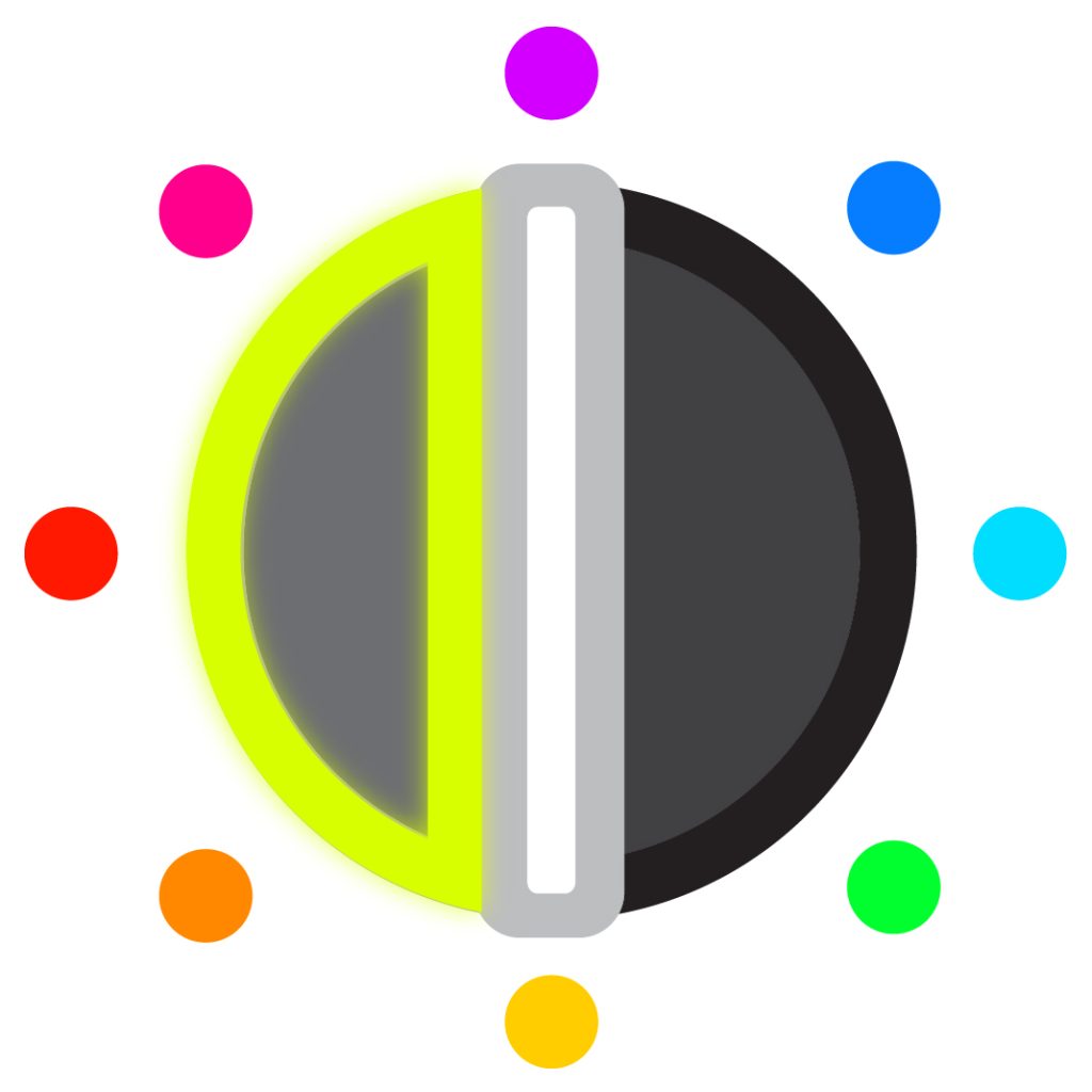 Daughters of the Dial logo with a glowing neon yellow backwards letter D overlaid on the left side of the dial.