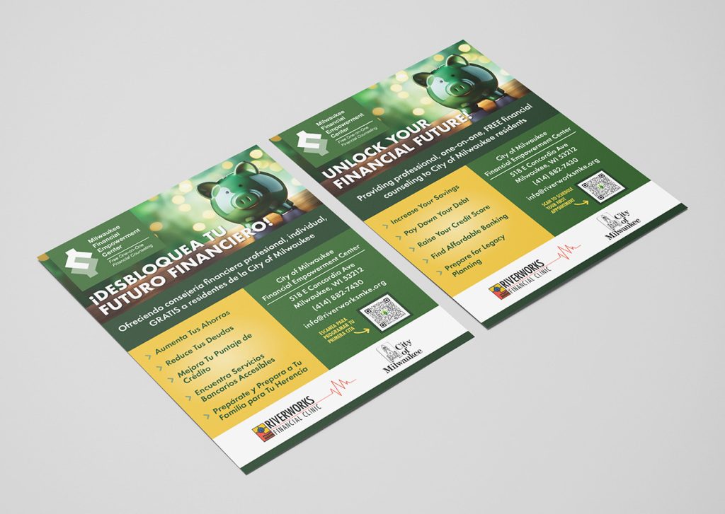 Two US letter-size flyers side by side, with same design. Top third is a photo of a green piggy bank, and information below is in green or yellow blocks. Flyer on left has text in Spanish. Flyer on right has text in English.