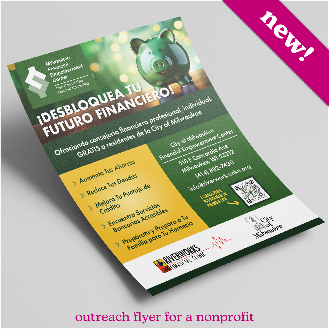 A letter-size flyer, slightly curled and angled, that is mostly green and yellow and presents information about financial coaching services, written in Spanish.