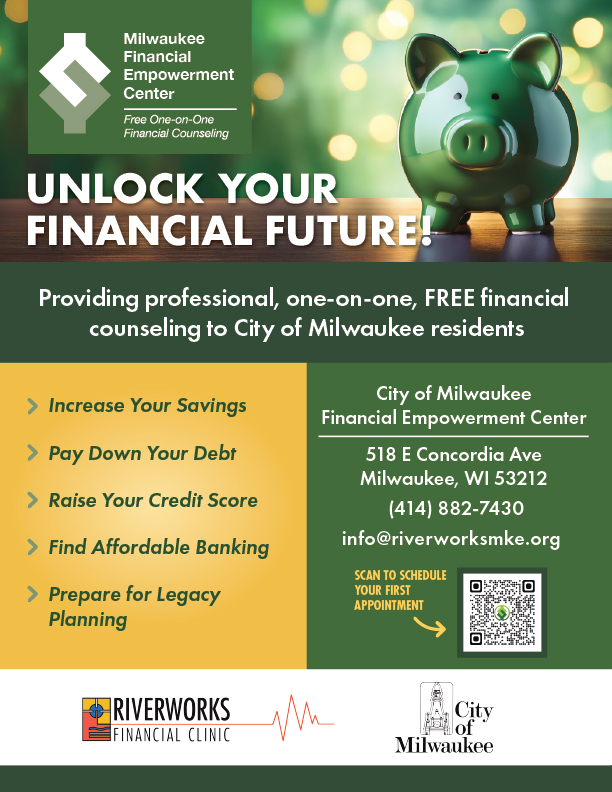 A rectangular, letter-size flyer. The top third is a photo of a green piggy bank, and information below is in green or yellow blocks. There is a qr code labeled "scan to schedule your first appointment"