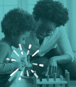adult and child playing with a wooden pegboard toy. Photo is colorized to shades of teal, and mallet in child's hand is surrounded by a spark icon from FirstSpark's logo.