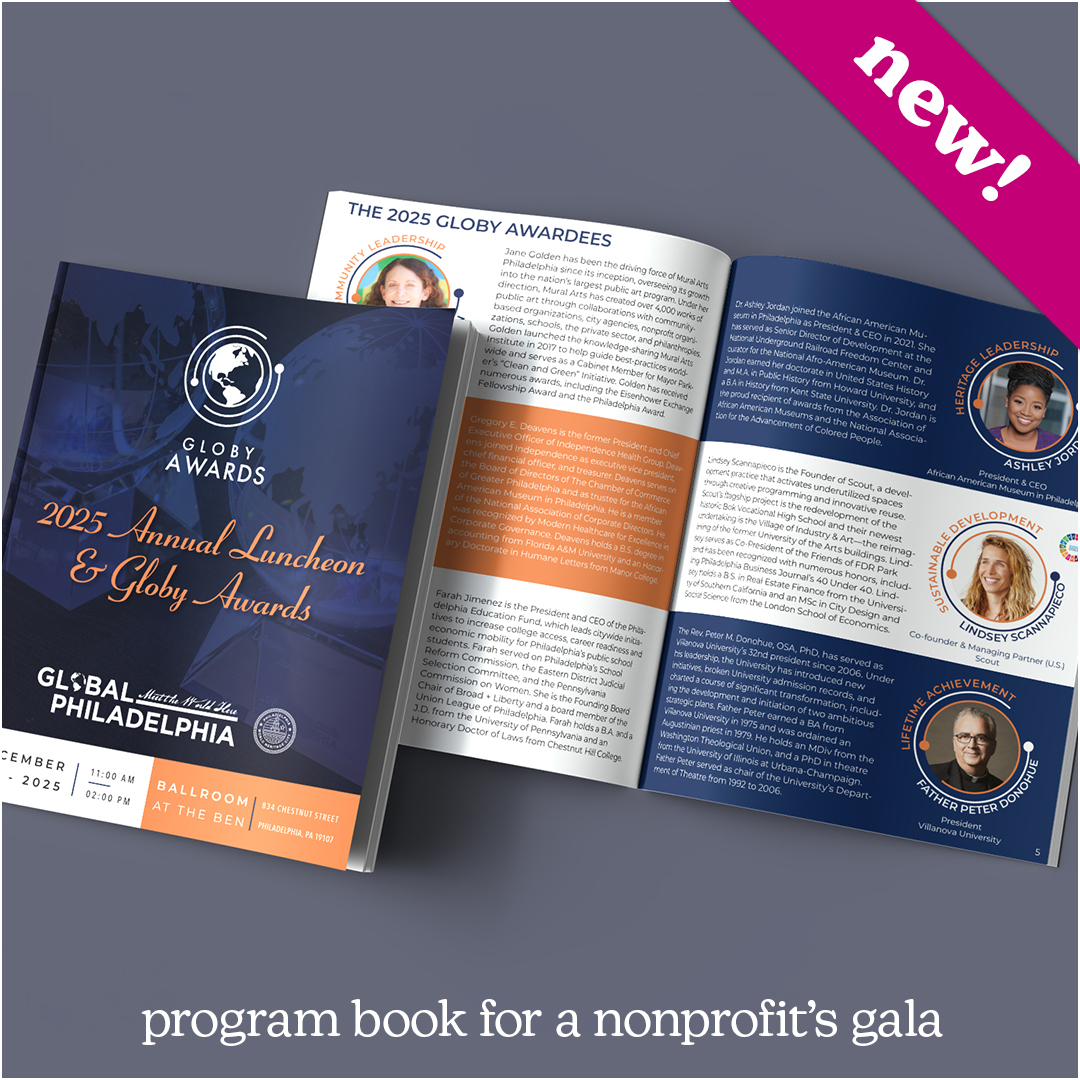Mockup containing 2 overlapping views of a program booklet, one closed, showing the cover, and one open, showing a spread. The cover features a closeup photo of two crystal globe-shaped awards in shades of navy blue with event details in white and orange. The spread features six color blocks, each with a photo of an award winner and a paragraph of biographical information. Text at top of image reads "new," and bottom reads "program book for a nonprofit's gala"
