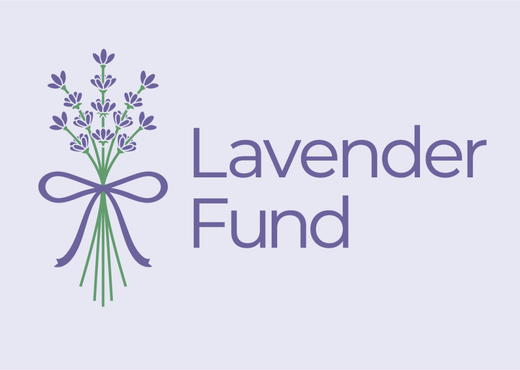 An illustration of 5 stalks of lavender, with purple petals and green stems, tied in a bunch with a purple bow. Text to the right of the illustration reads Lavender Fund.
