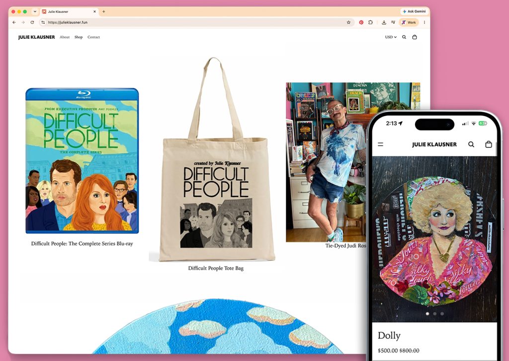 Screenshot of a website homepage in a Chrome browser showing a DVD, tote bag, and tshirt for sale. Next to the browser is a view of the site on an iPhone, showing a painting of Dolly Parton for sale.