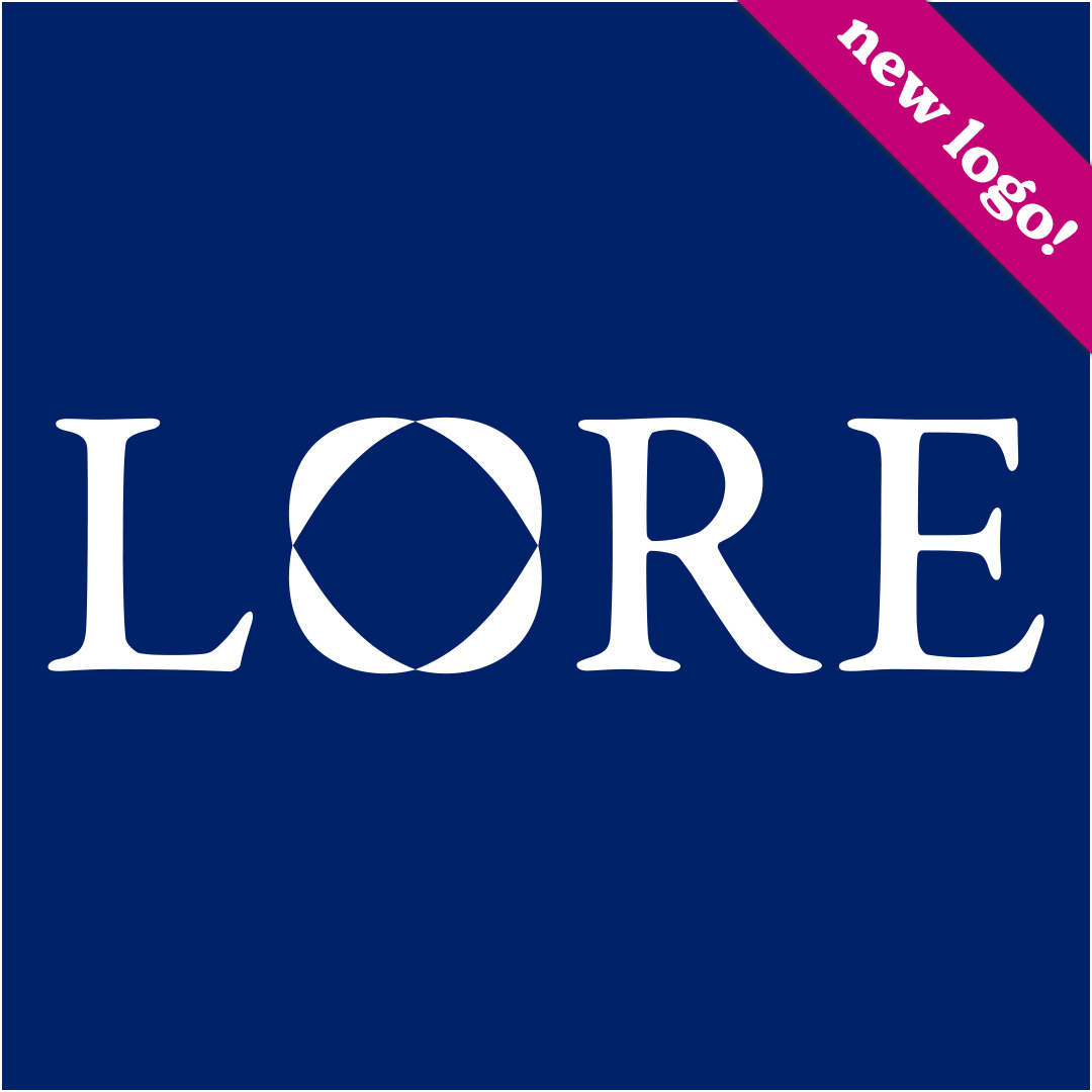 A blue square with the words "new logo!" on a pink banner in the upper right corner. In the middle of the square is the Lore logo in white (serif capital letters LORE, the O consists of 4 leaf shapes arranged symmetrically around a circle)