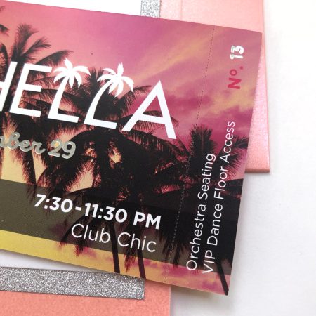 Custom Bat Mitzvah Invitation | Detail of VIP ticket custom invitation showing perforated ticket stub end.