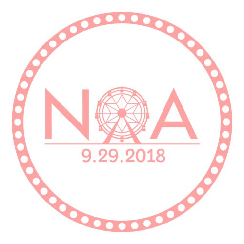 Noachella Bat Mitzvah Logo | Circular logo that is peachy pink with white print. Print says NOA - letter O is a ferris wheel flanked by N and A. Date 9.29.2018 is beneath NOA.